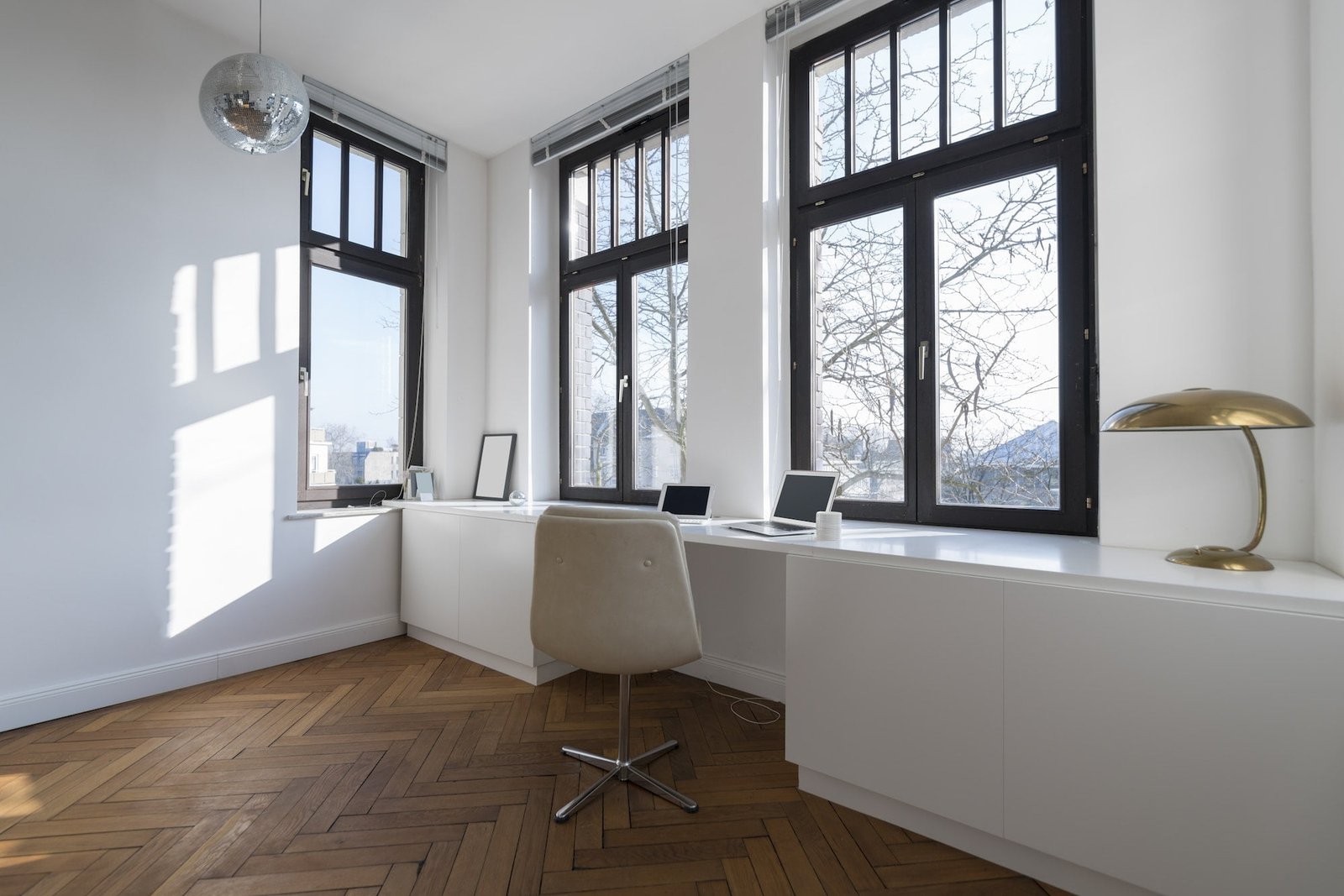 Empty room with chair and large panorama window