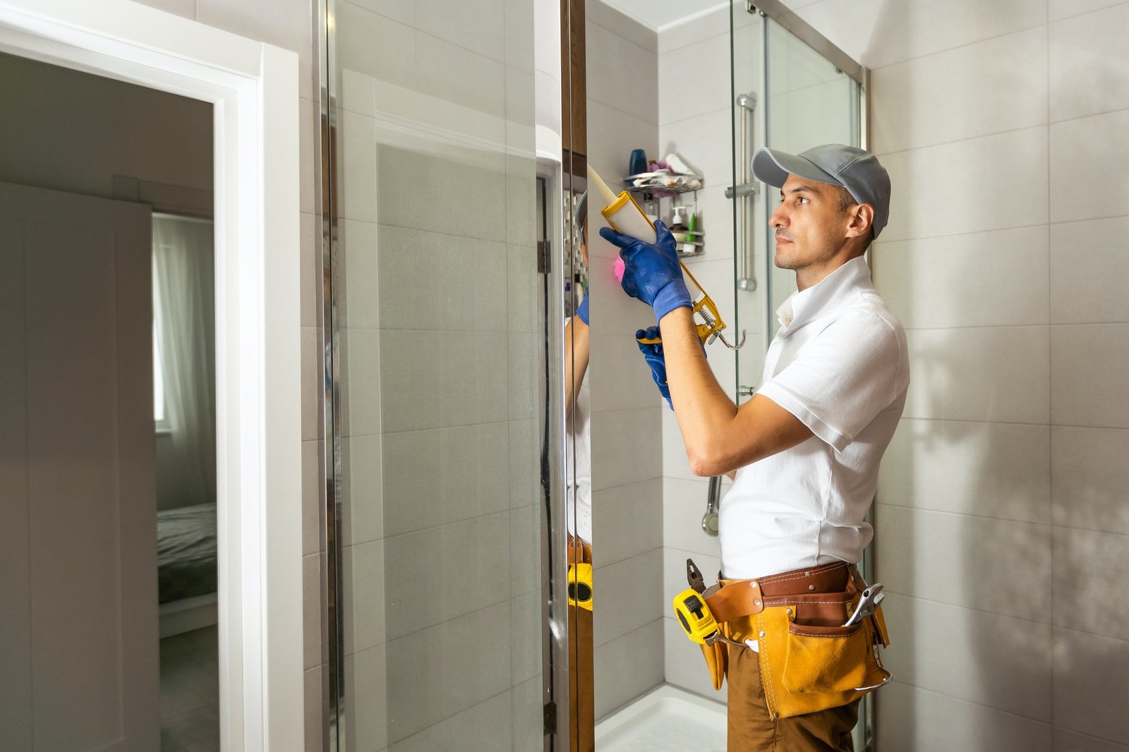 Workers are installing glass door of the shower enclosure