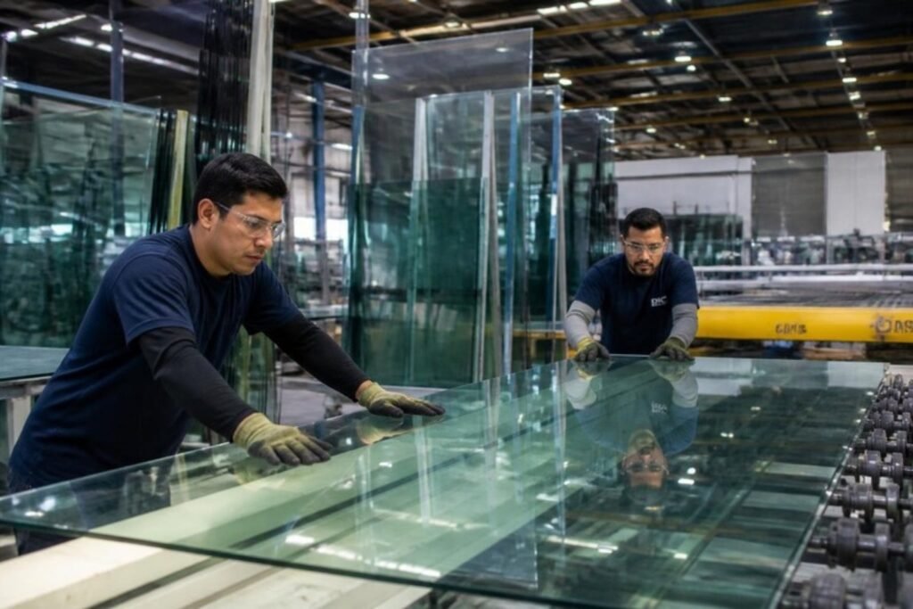 Personal hanterar stora glasskivor i en glasfabrik