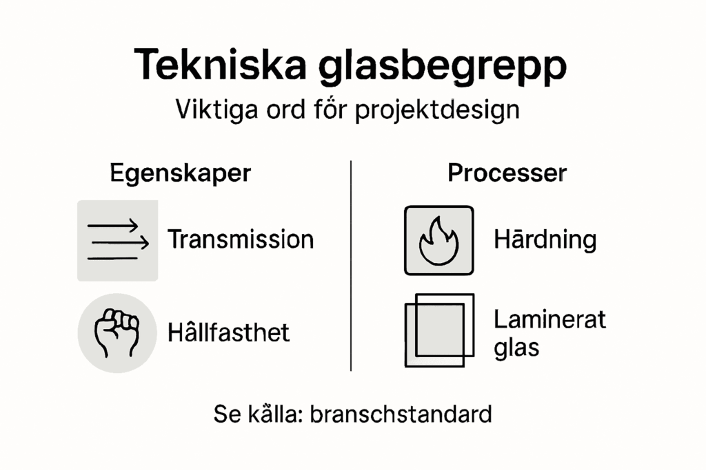 Illustration som förklarar viktiga tekniska termer om glas